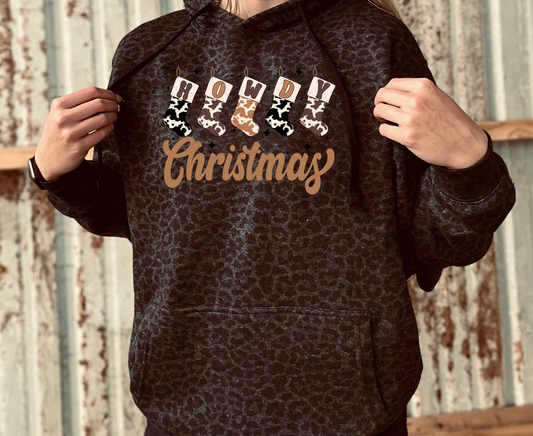 Howdy Christmas Stockings Black Leopard Hoodie