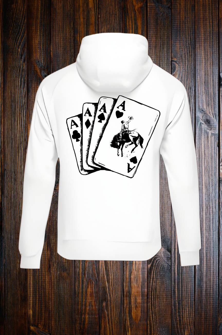 White hoodie with black card design with a bucking bronc and rider outline a wooden background