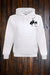 White hoodie with a graphic of a black outline of a bucking bronc and rider on a wooden background