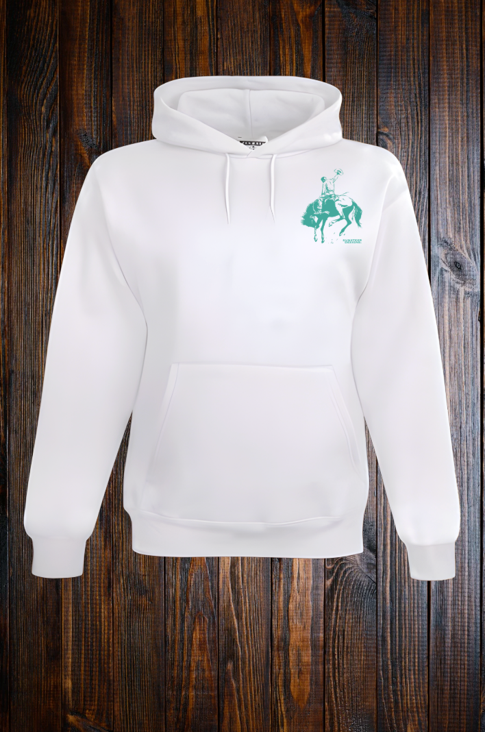 White hoodie with a turquoise bucking bronc on the left chest on a wooden background