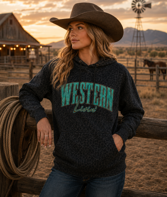 Western Livin' Leopard Hoodie -Teal