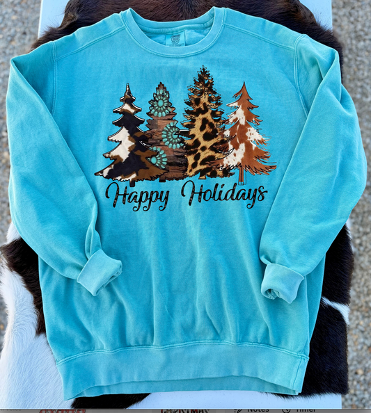 Happy Holidays Trees Crewneck Sweatshirt - Seafoam