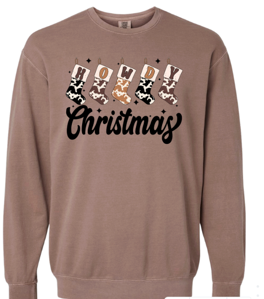 Howdy Christmas Cow Print Stockings Crewneck Sweatshirt - Espresso