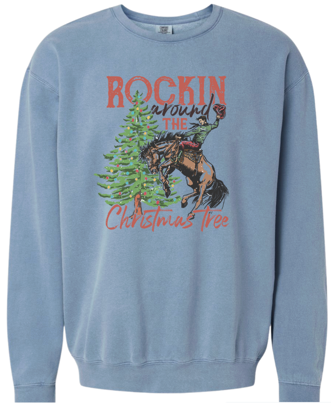 Rockin' Round The Christmas Tree Crewneck Sweatshirt - Blue Jean