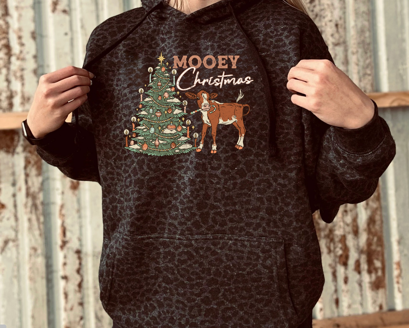 Mooey Christmas Black Leopard Hoodie