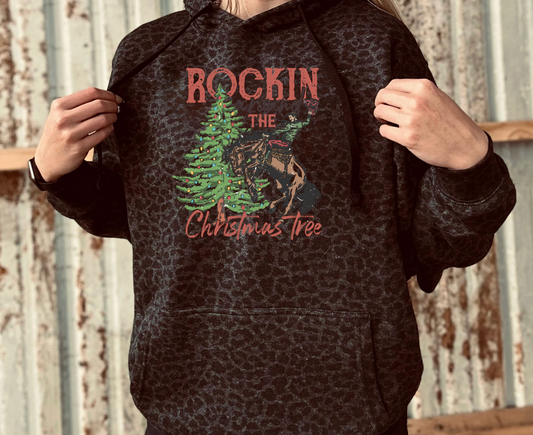 Rockin' Round The Christmas Tree Black Leopard Hoodie