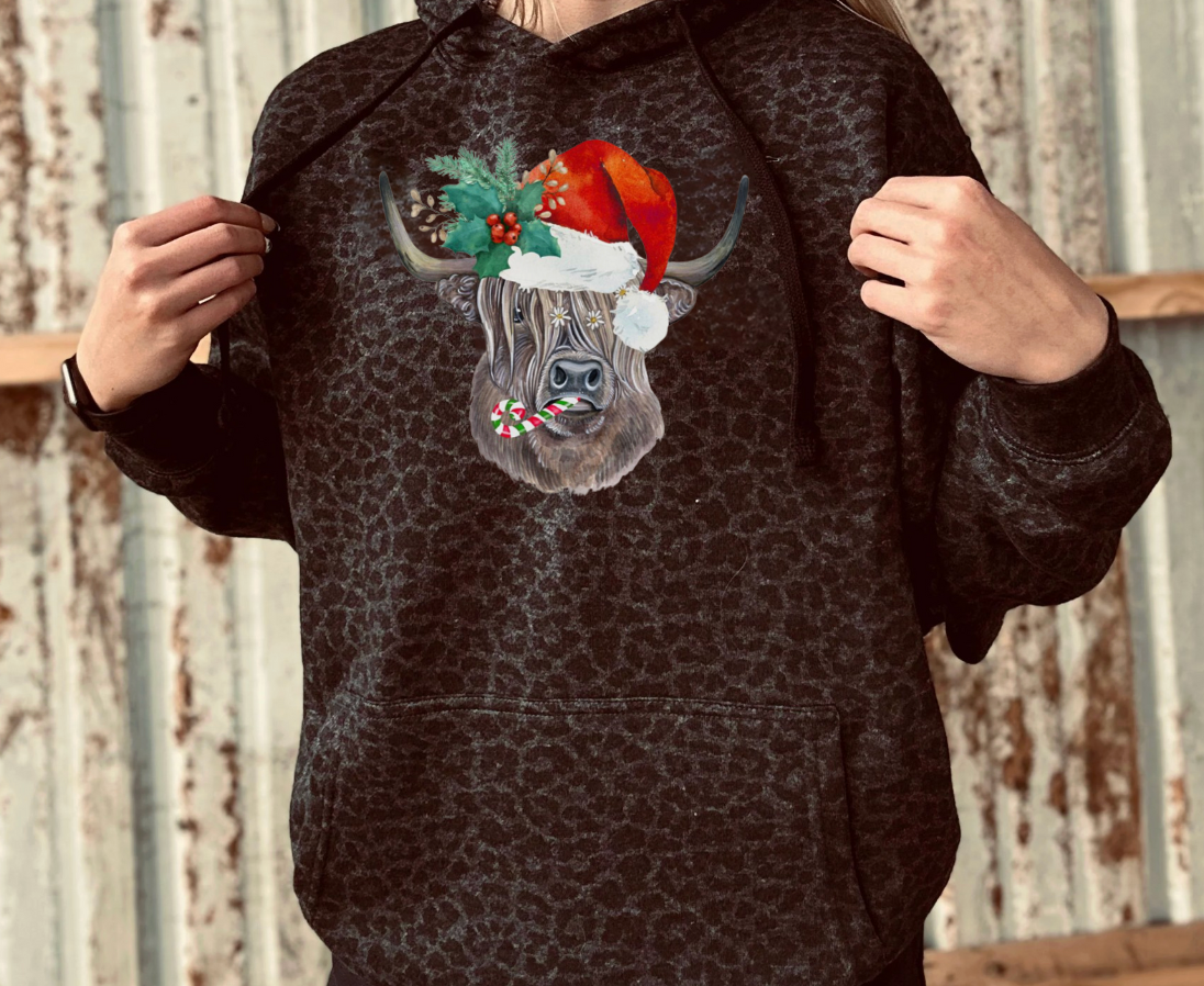 Christmas Highland Cow Black Leopard Hoodie