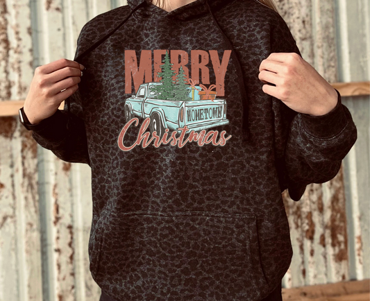 Merry Christmas Old Truck Black Leopard Hoodie