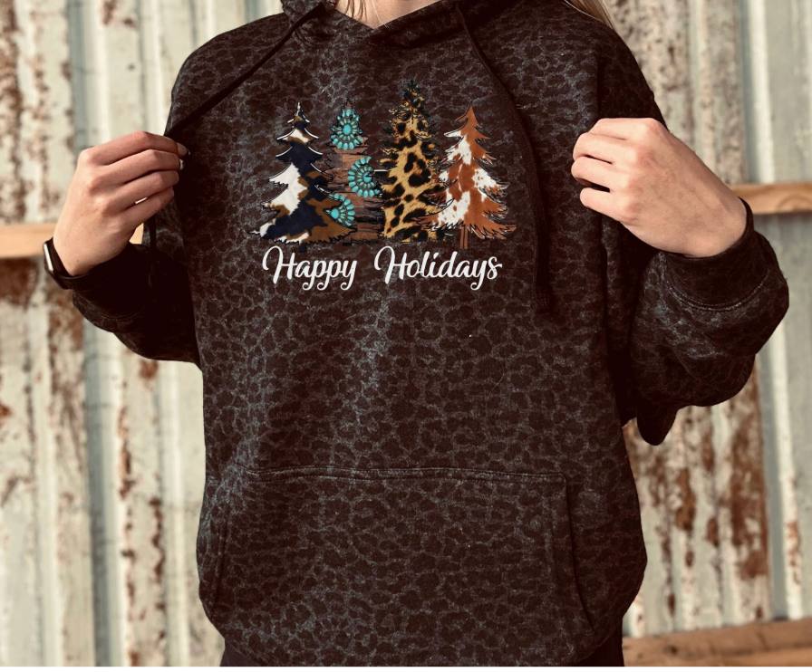 Happy Holidays Black Leopard Hoodie