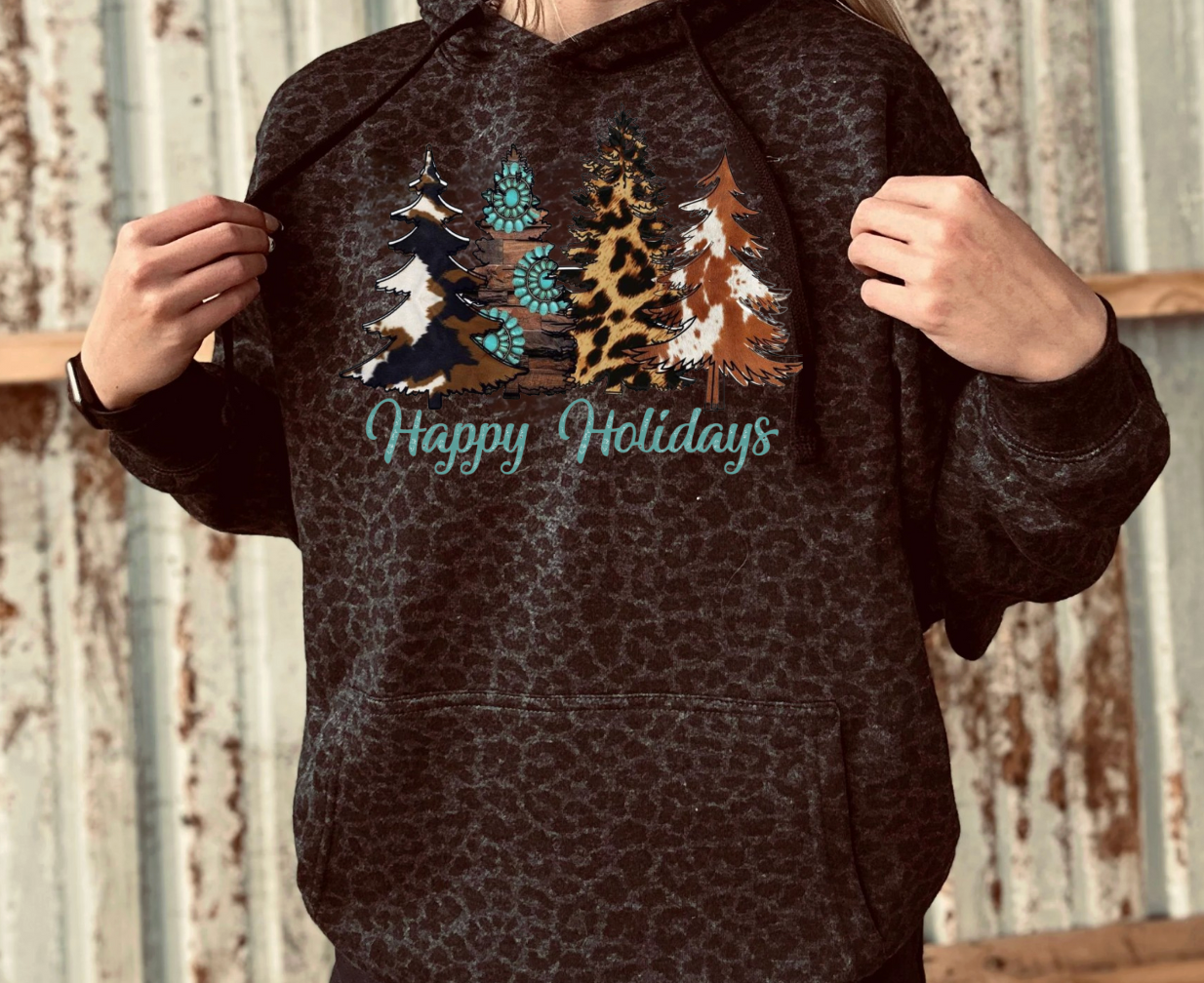 Happy Holidays Black Leopard Hoodie
