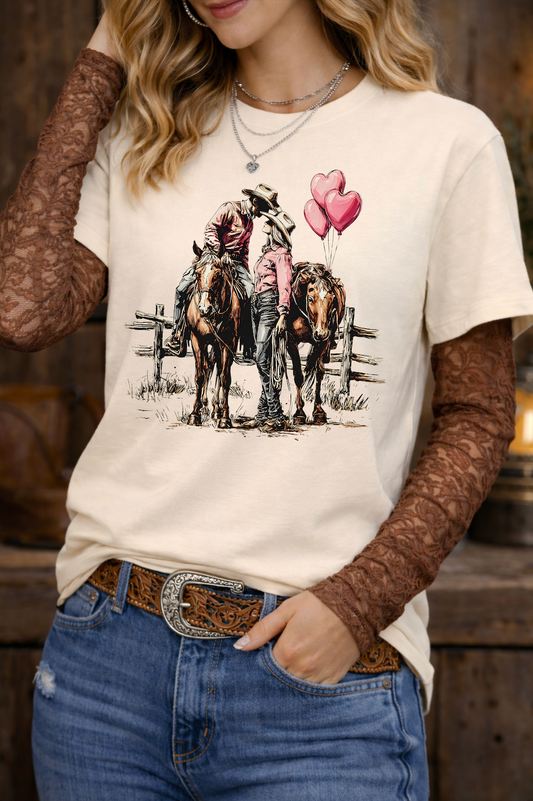 Person wearing a t-shirt with horse and heart balloon graphic