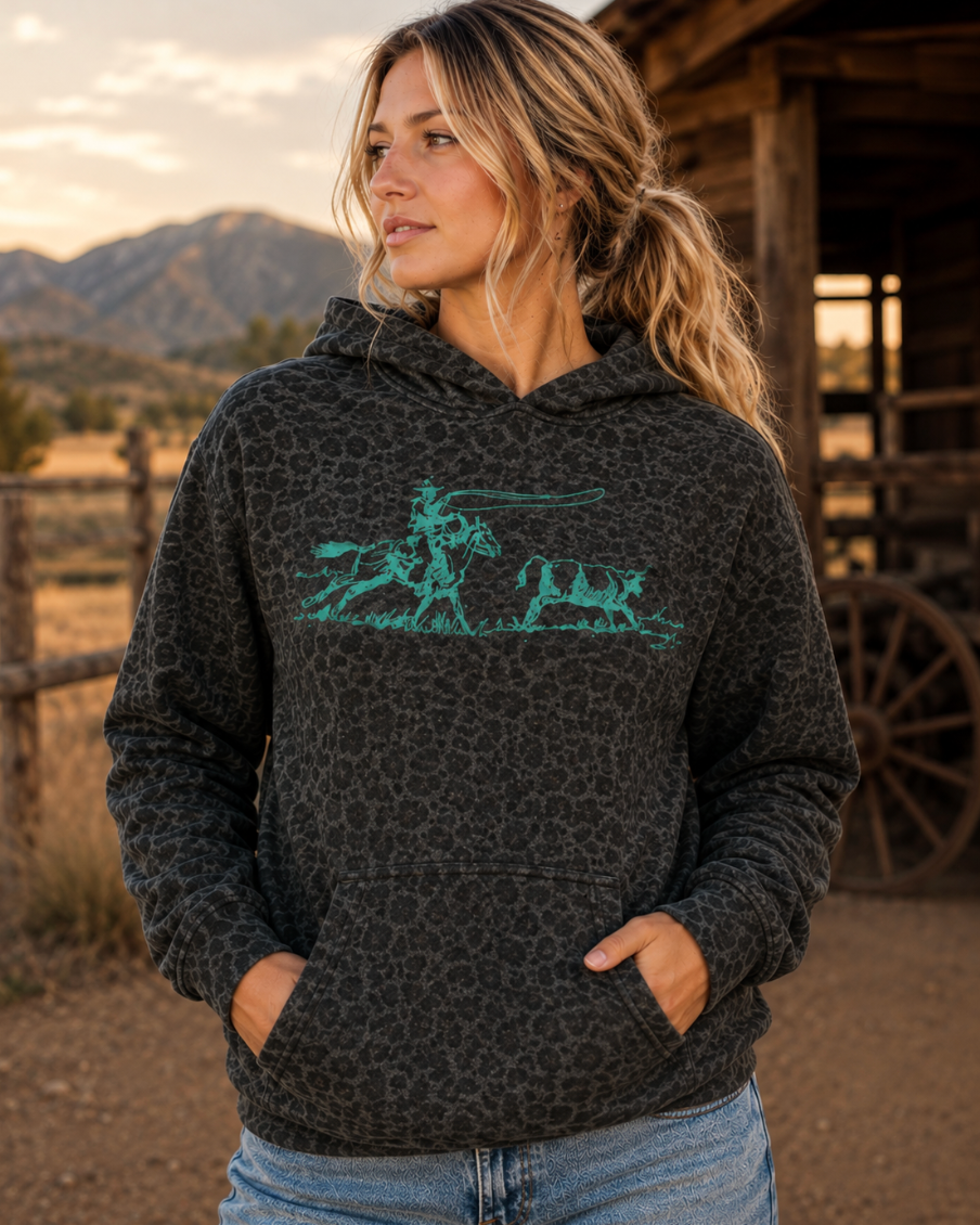 Roper Black Leopard Hoodie -Teal