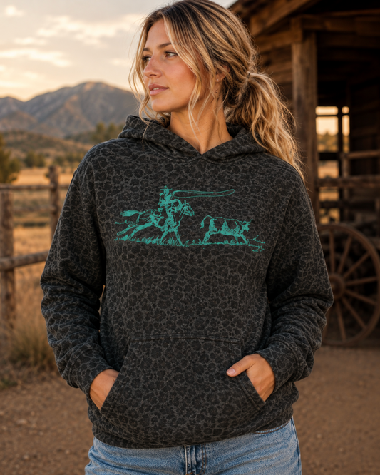 Roper Black Leopard Hoodie -Teal