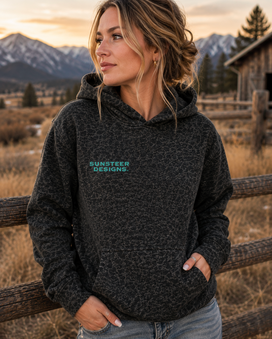 Aces Bronc Black Leopard Hoodie -Teal