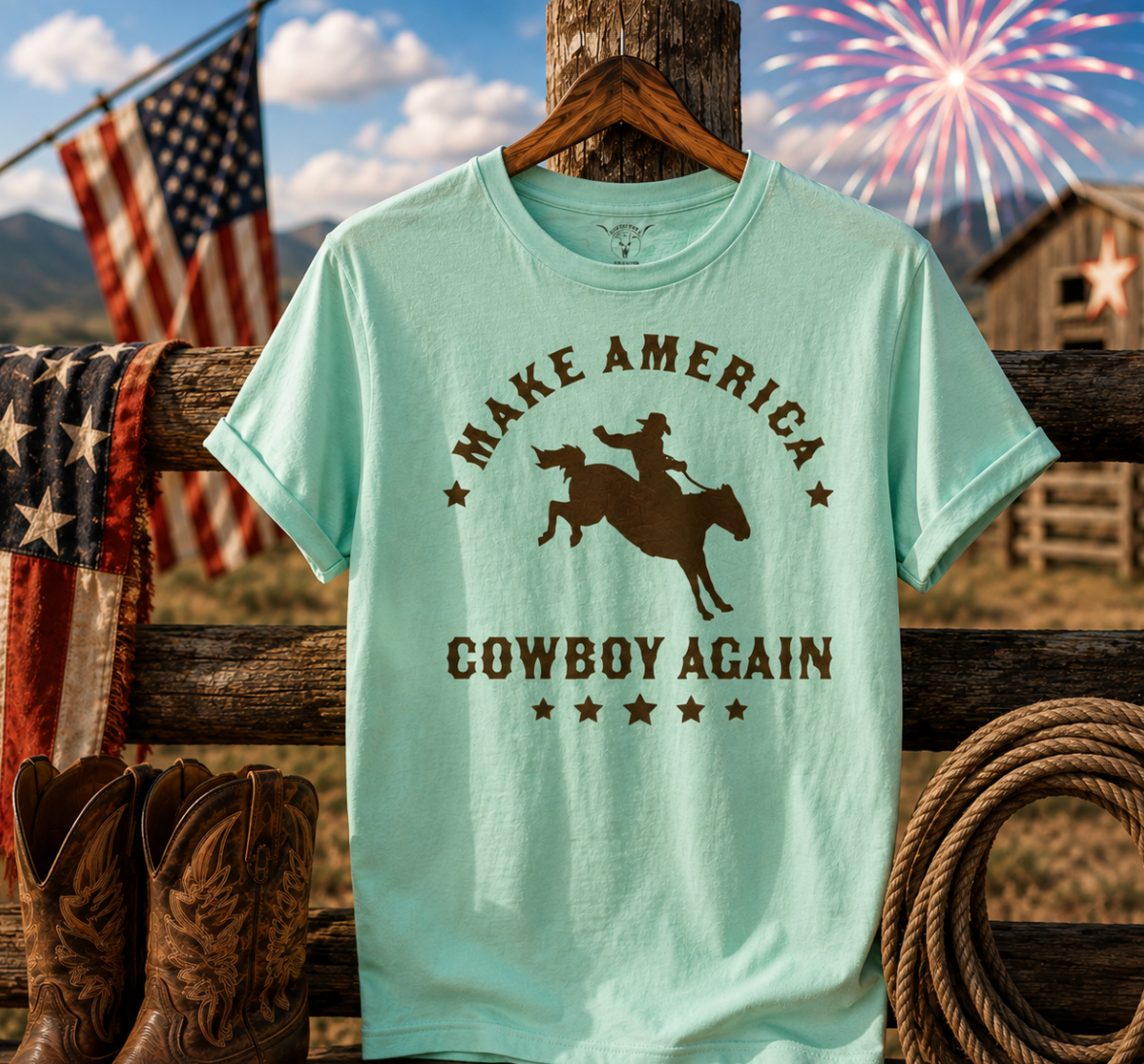 Make America Cowboy Again Mint Tee-Brown