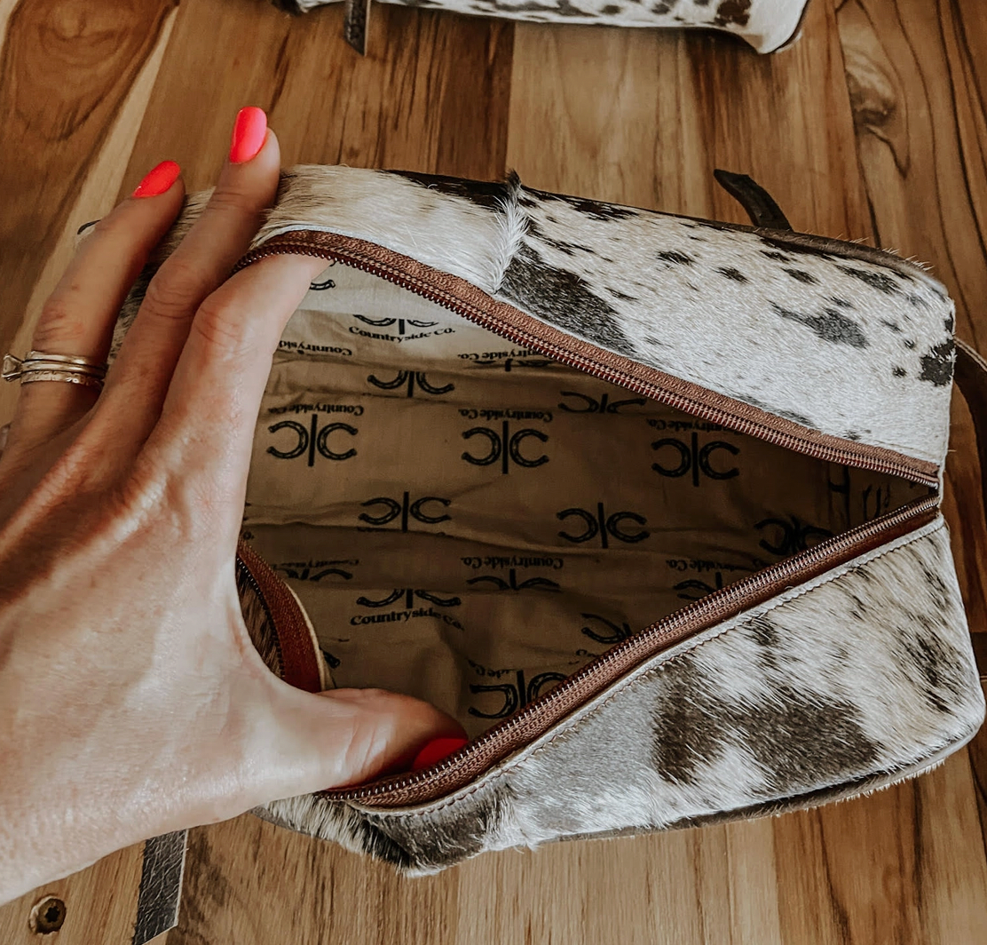 Branded Cowhide Toiletry Bag- Brown