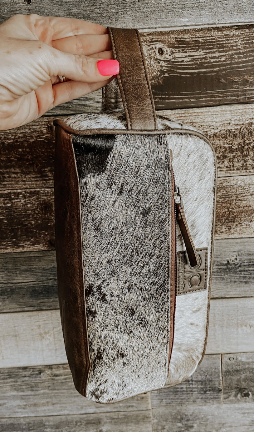 Branded Cowhide Toiletry Bag- Brown