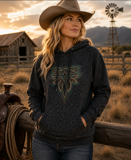 Boot Stitch Leopard Hoodie -Teal