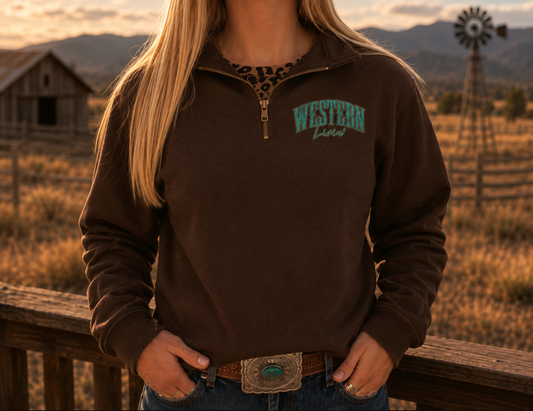 Western Livin' 1/4 Zip - Brown