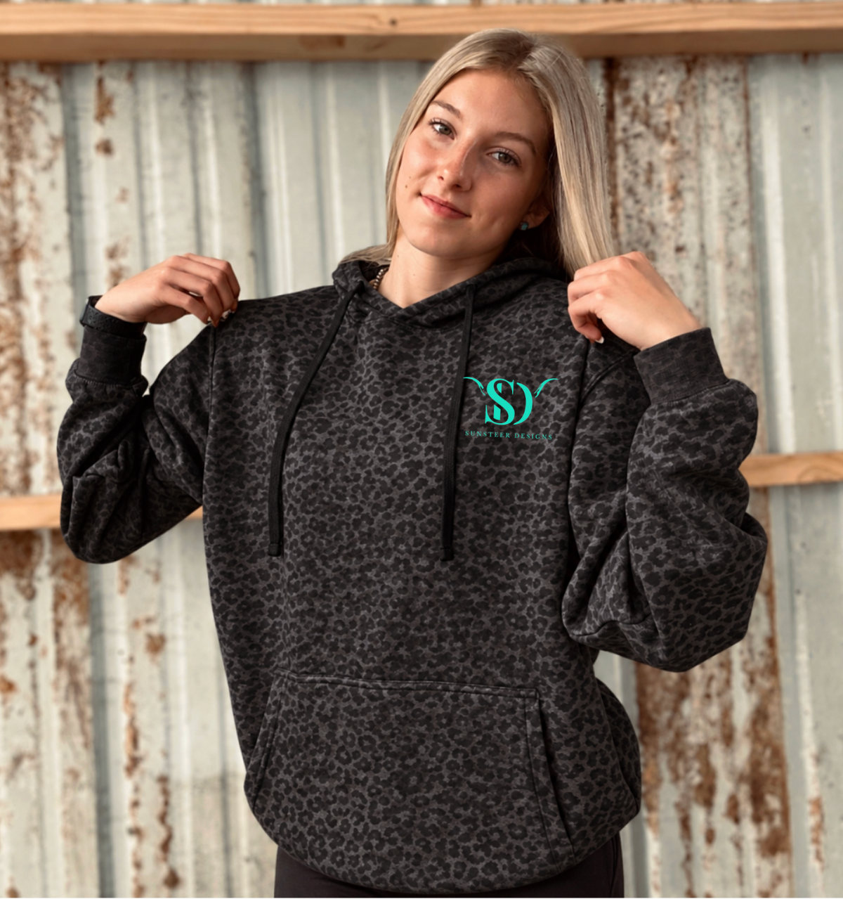 SunSteer Logo Black Leopard Hoodie -Teal