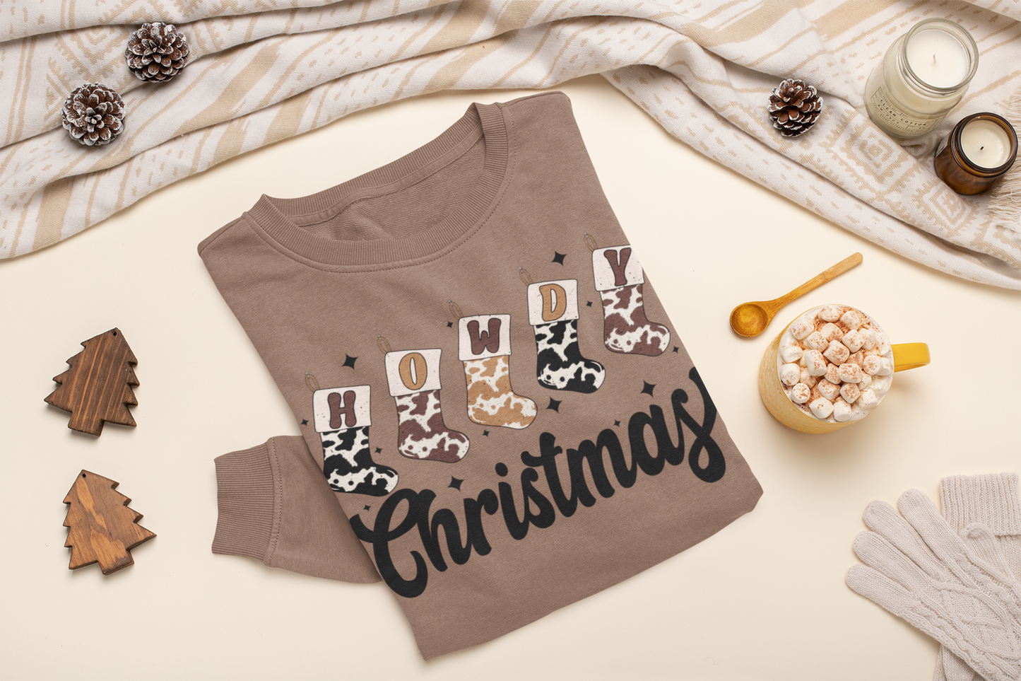 Howdy Christmas Cow Print Stockings Crewneck Sweatshirt - Espresso
